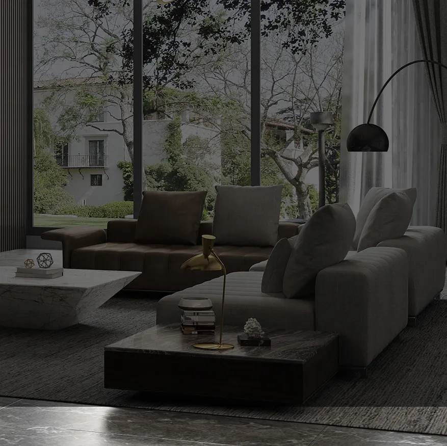 MIDHILL furniture — handcrafted oak and walnut pieces in a Morandi-toned living room
