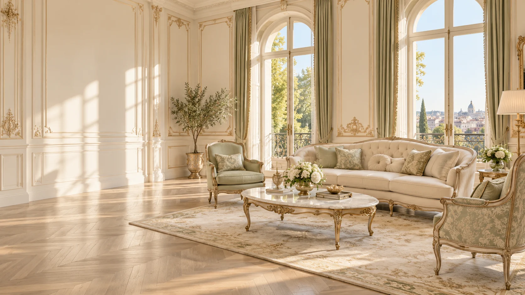 AI-created French light-luxury living room inspiration with cream furniture